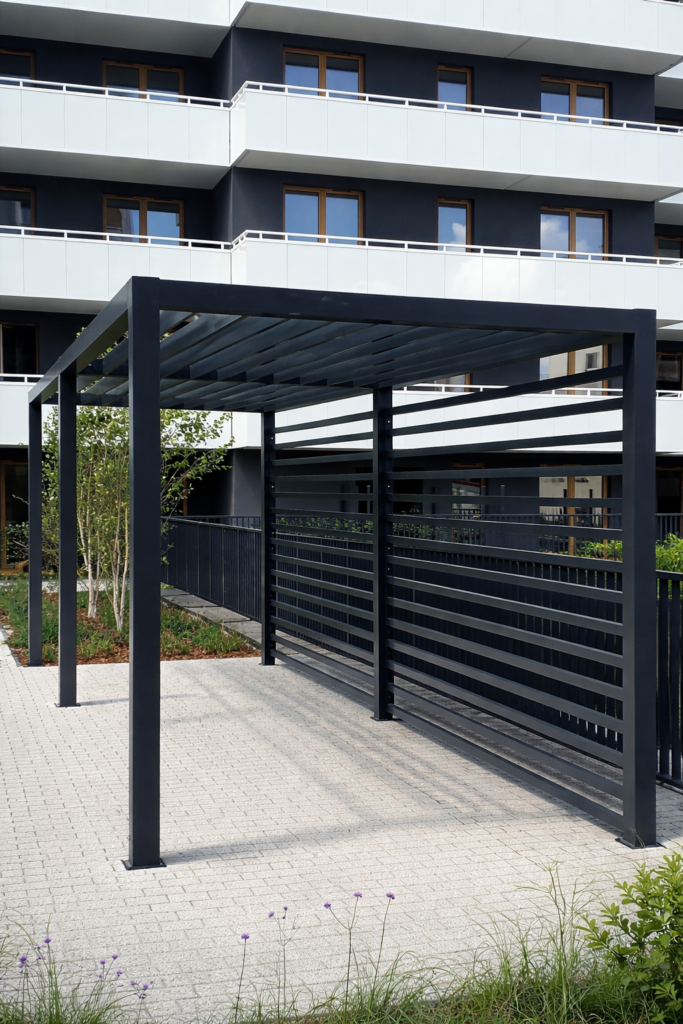 Nowoczesna pergola ogrodowa do parków, tarasów i przestrzeni rekreacyjnych. Estetyczny i trwały element małej architektury.